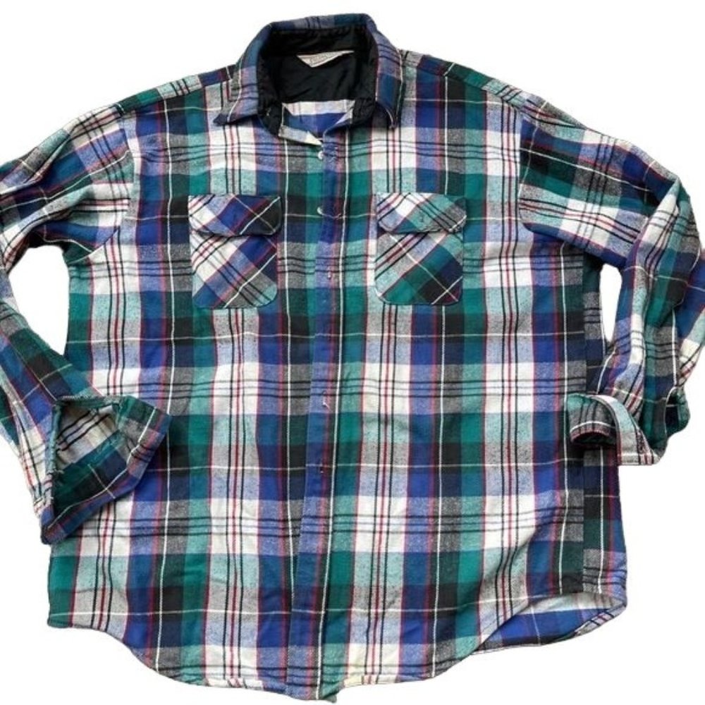 Vintage Field Stream Flannel Shirt Shacket Blue Green Plaid Union USA Made 2XL
